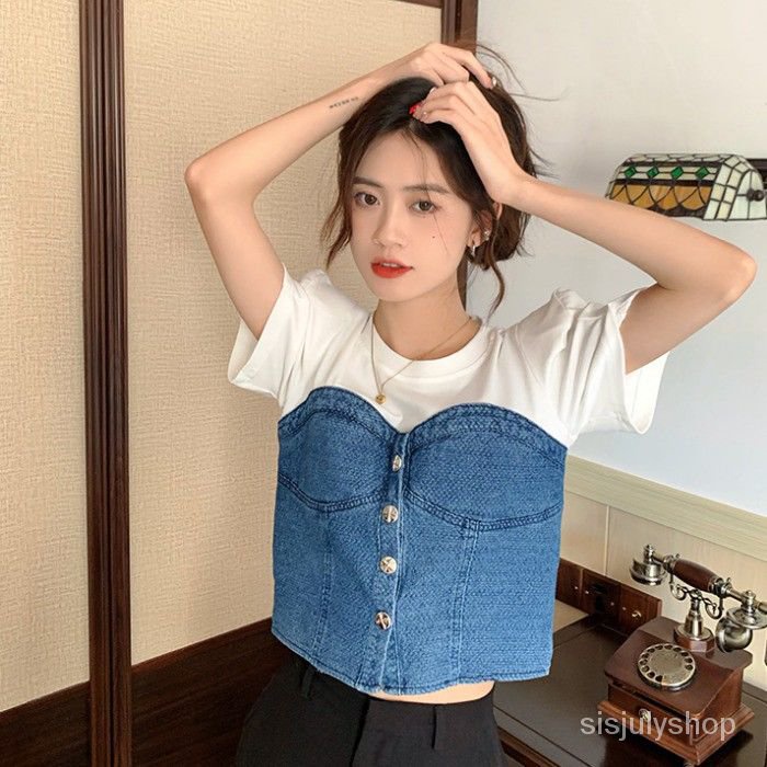 Palsu dua potong jahitan denim T-shirt lengan pendek wanita musim panas 2022 baru t-shirt desain ras