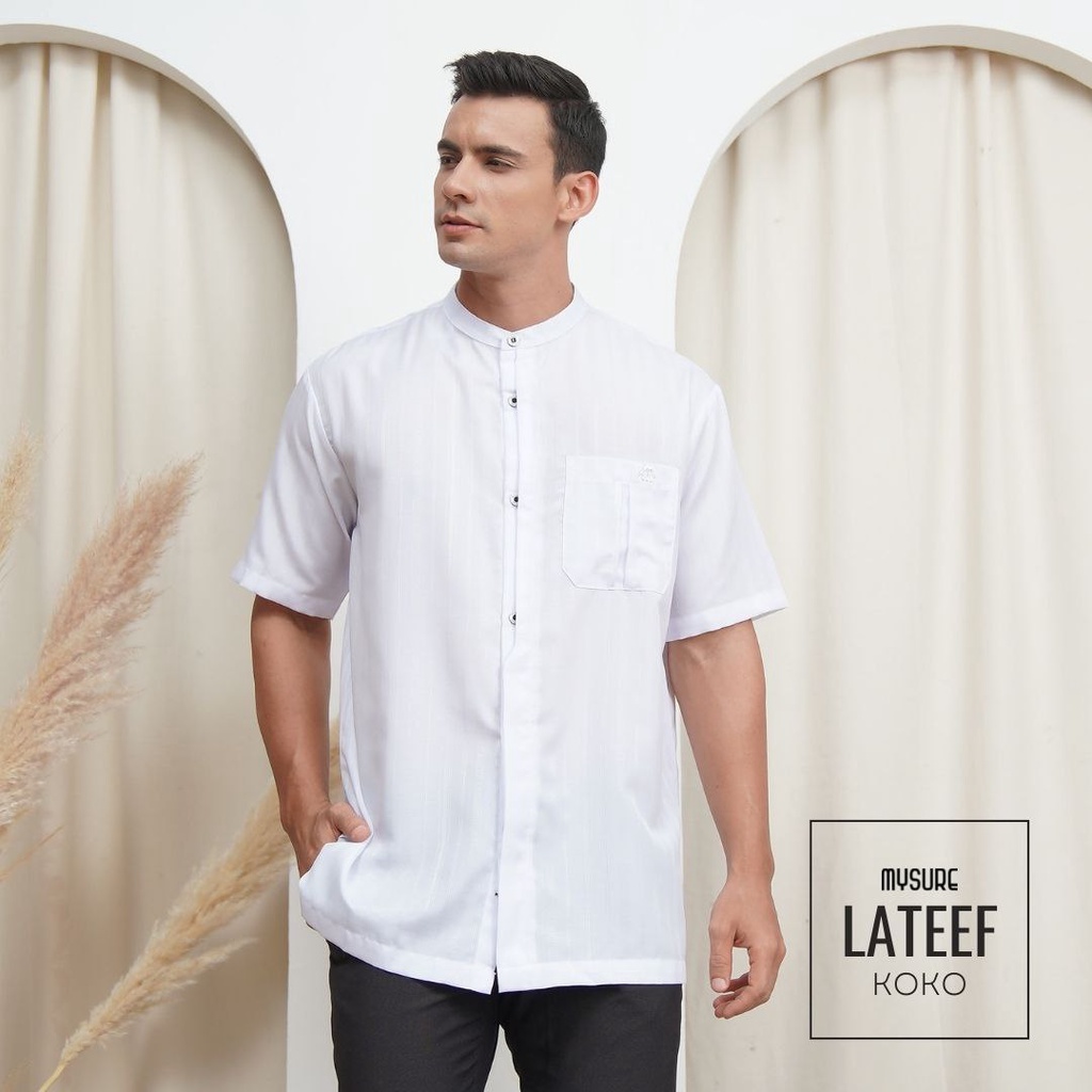 Fashion Atasan Baju Koko Pria Muslim Mysure Lateef Putih Lengan Pendek Terbaru