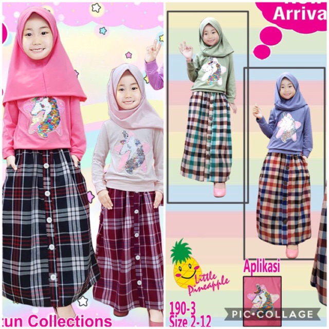 SET UNICORN SQUIN USAP 1901-1903 ROK PANJANG + JILBAB sz 3-8 thn merk Little Pineapple