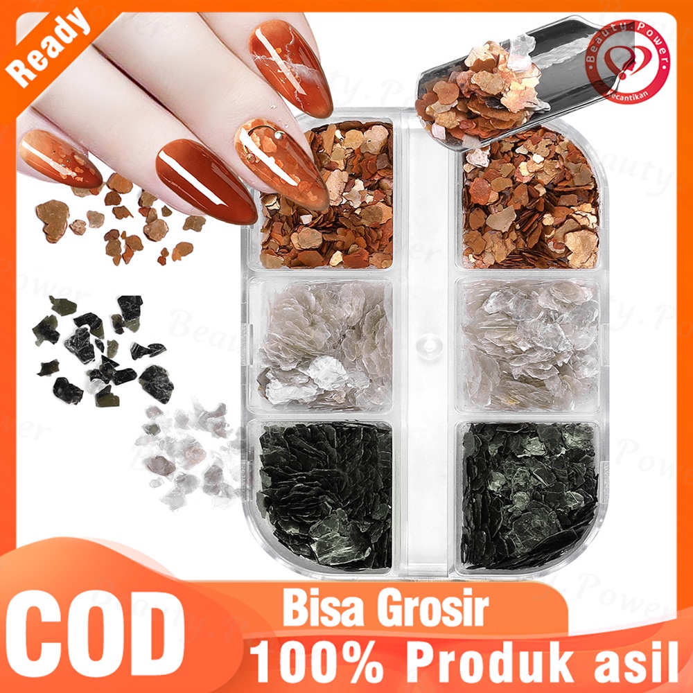 DIY kuku dekorasi 6 Grid / Box Serpihan Kerang Abalone 3d Aksen Glitter Sequins Untuk Dekorasi Nail Art