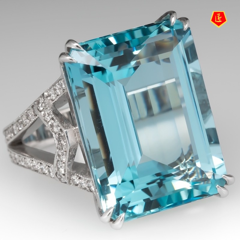 [Ready Stock]Inlaid Sea Blue Topaz Square Diamond Ring Fashion