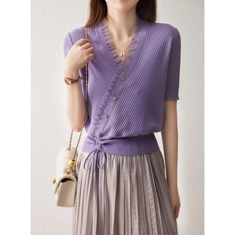 Blouse atasan wanita  ungu rajut Korea lengan pendek elegant