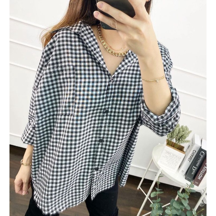 Kemeja korean style wanita kotak kotak oversize lengan panjang grosir