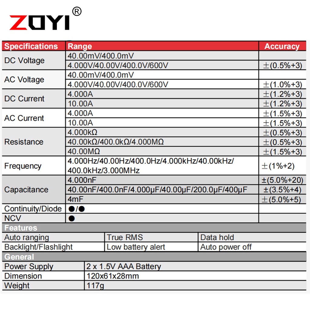 ZOYI ZT-C3 Multimeter Digital Buzzer Capasistor 4000 Counts Resistance DC AC Current