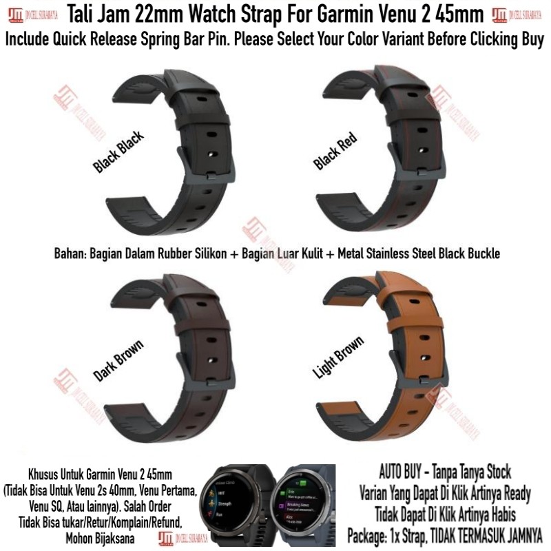 Tali Jam 22mm Watch Strap Garmin Venu 2 45mm - Hybrid Rubber Metal Black Buckle