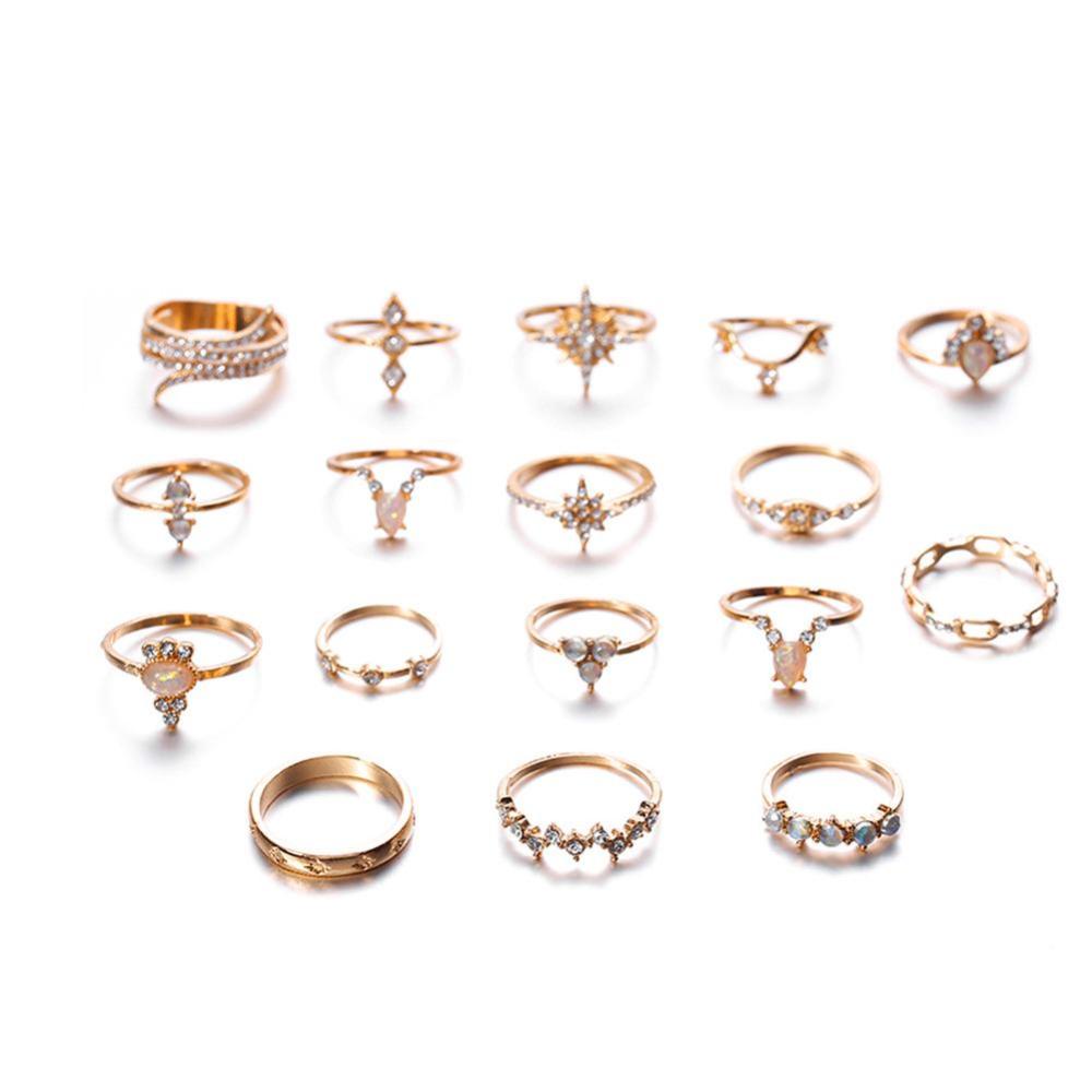 Timekey 17pcs / set Cincin Wanita Aneka Desain Warna Gold Gaya Bohemian Untuk Hadiah A2K4