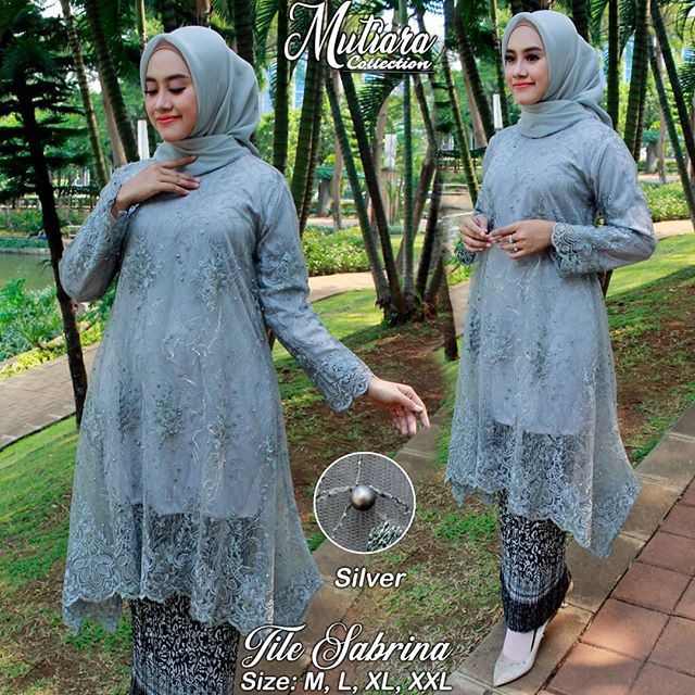Setelan Kebaya Tunik Tile Sabrina Warna Silver Mix Plisket / Kebaya Modern