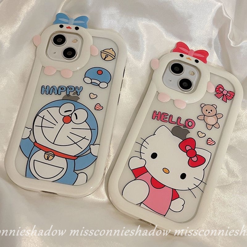 Casing Lensa Monster Busur-Simpul 3D Untuk Samsung A14 A04s A04 A03s A32 A04E A13 A03 A12 A53 A52s A50s A73 A23 A22 A02s A50 A51 A21s A71 A11 Kartun Hello Kitty Doraemon Couple Case