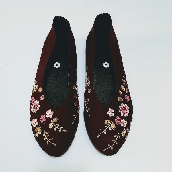 etnik fashion sepatu wanita flat slip on sulam handmade murah terbaru coklat tua