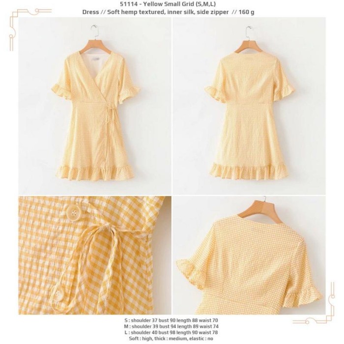 51114 Yellow Small Grid Dress / Dress Pesta Midi Kuning(L3X1) VINTAGE MINI DRESS midi dress putih dr
