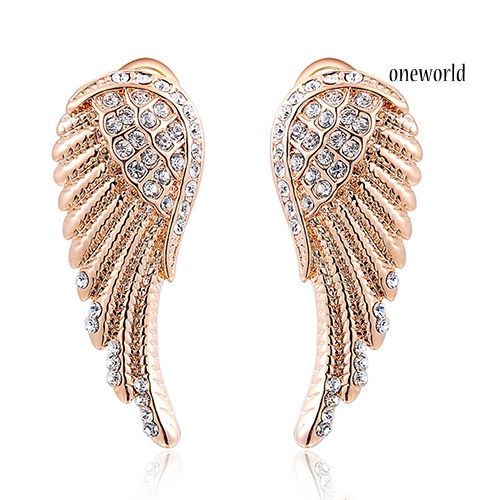 OW@ Women's 9K Gold Plated Angel Wings Crystal Ear Studs Luxury Earrings Jewelry