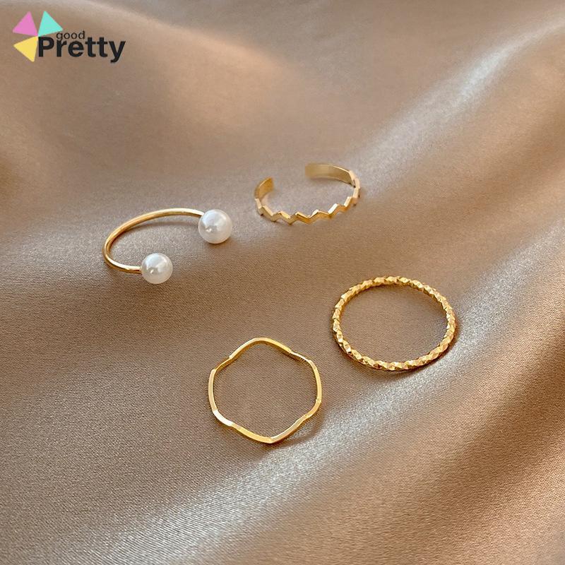 4 Pcs/set Korea Cincin Emas Untuk Wanita Sederhana Mutiara Elegan Cincin Set Dapat Disesuaikan Terbuka Perhiasan Hadiah - PD