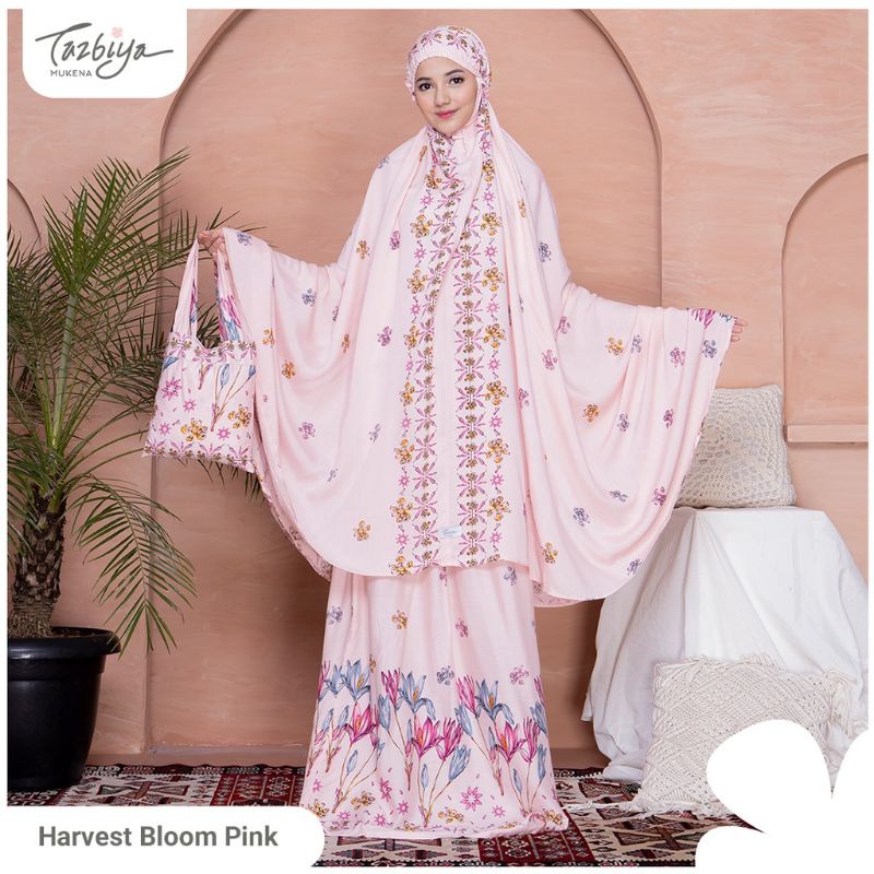 Mukena Tazbiya Harvest Bloom Pink Blue Khaki Jumbo Dewasa Katun Rayon Adem Motif Cantik Treveling