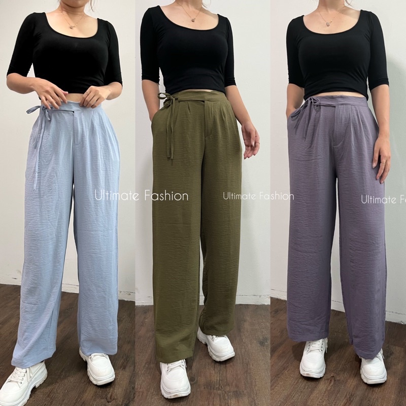 Celana Kulot Crinkle Pants Hikari - Celana Panjang Polos  Wanita Saku Korea Kekinian Terbaru