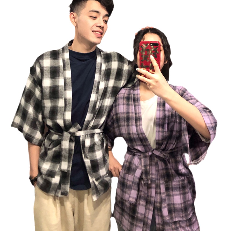 Kain Katun Baju Couple Fashion Cardigan Kimono Wanita Jepang Harajuku Kimono Pria Ungu Pakaian 2023