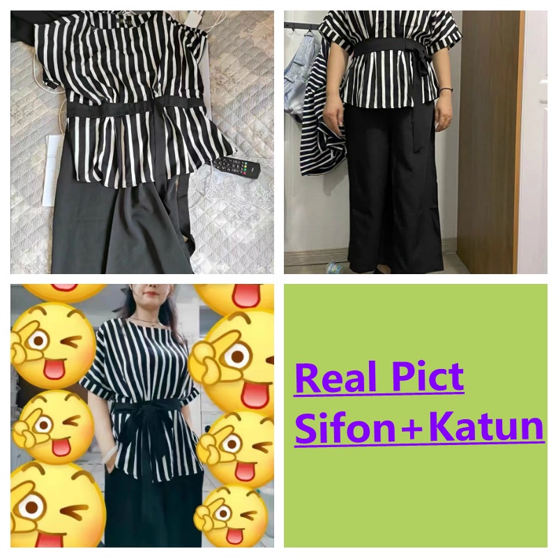 NEW 2Pcs Setelan Wanita Blus Bergaris Lengan Pendek Ikat + Celana Longgar Wide Leg Set Kasual Hitam