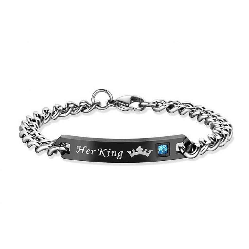 Gelang Rantai Bahan Stainless Steel Desain Tulisan His Queen Her King Aksen Kristal Untuk Pasangan