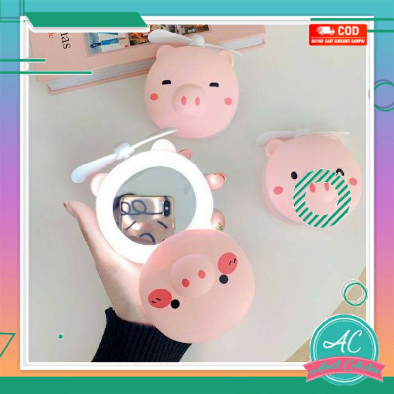 Kipas angin cermin rias pribadi lampu LED portable make up mini 3in1 karakter mini fan mirror