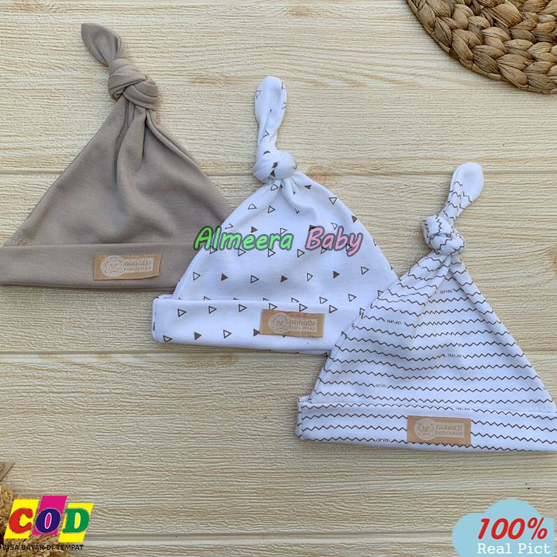 Bahan Katun TC - 3 PCS Kupluk Bayi Topi Bayi Baru lahir Usia 0-3 Bulan Serian Cream Almeera Baby and Kids