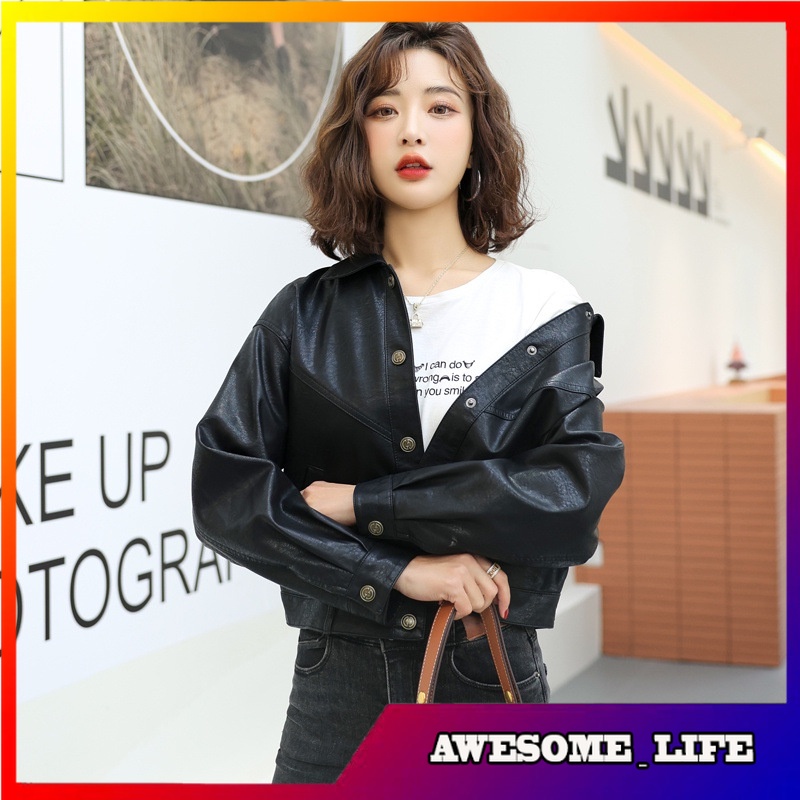Jaket Pendek Wanita Kulit Spring New Women's Short Polo Collar Small Korean Style Washed Leather Sli