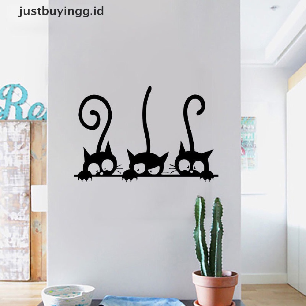 Stiker Dinding Desain Tiga Kucing Hitam Dapat Dilepas Untuk Dekorasi Kamar Tidur Anak