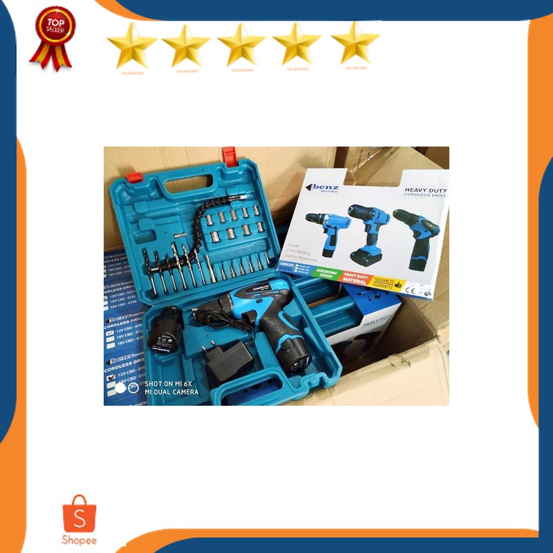 bor portable bor cordless drill 12v BENZ WERKZ heavy duty set 24pcs aksesoris fleksibel obeng mata