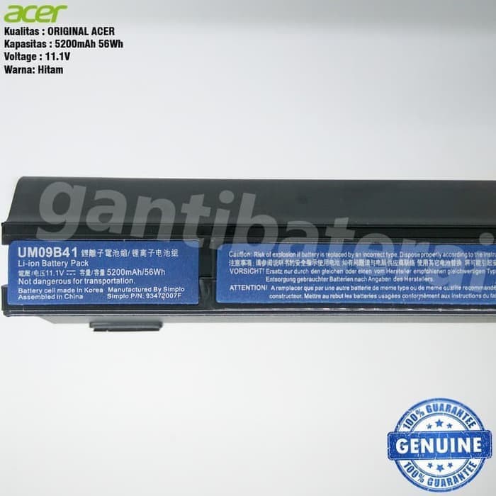 Baterai Laptop Acer Aspire One ZG8 Series Original
