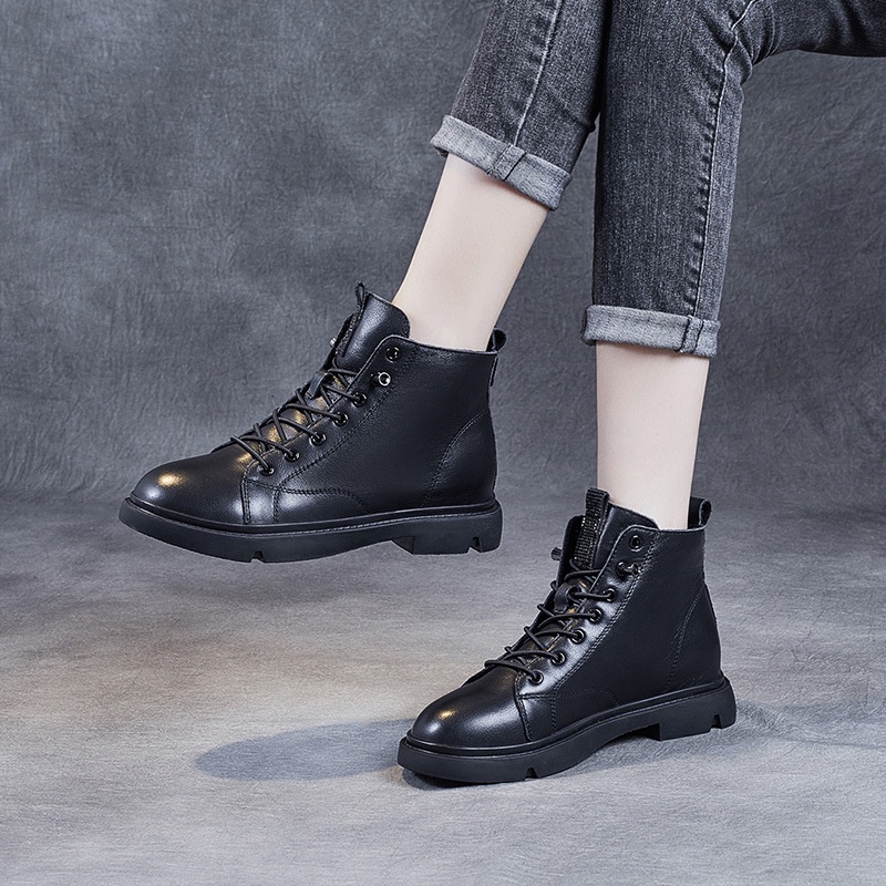 Martin Boot Sepatu Kulit Asli Sepatu Bot Wanita  Renda-Up Martin Sepatu All-Match Low-Cut Sepatu Fla