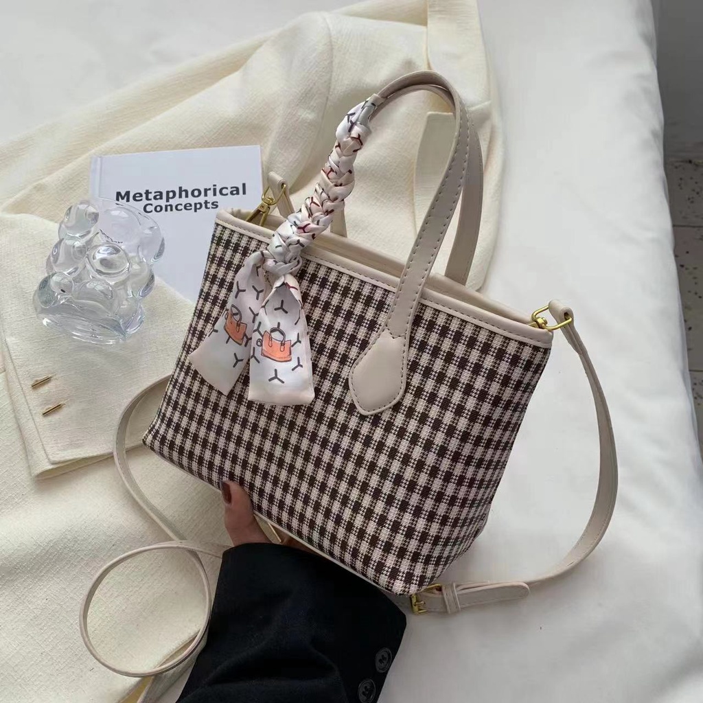 BJ43450 - BEIGE/BLACK/COFFEE - TAS TOTEBAG HANDBAG SLEMPANG TWILLY MOTIF KOTAK WANITA FASHION IMPORT MODIS ELEGAN TERMURAH TERLARIS TERBARU BAGSTORE JAKARTA TAS BATAM BQ3450 EL4813