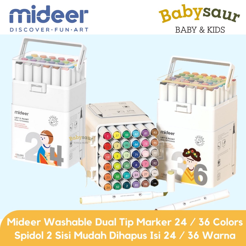 

Mideer Washable Marker Erasable Dual Tip Spidol Wipe Clean 24 / 36 Colors Warna Warni Mudah dihapus Anak