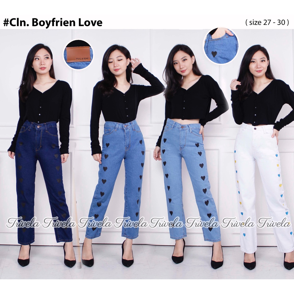 Celana Boyfriend Jeans Wanita Loose Jeans Bordir Love Avanti / Boyfriend Love