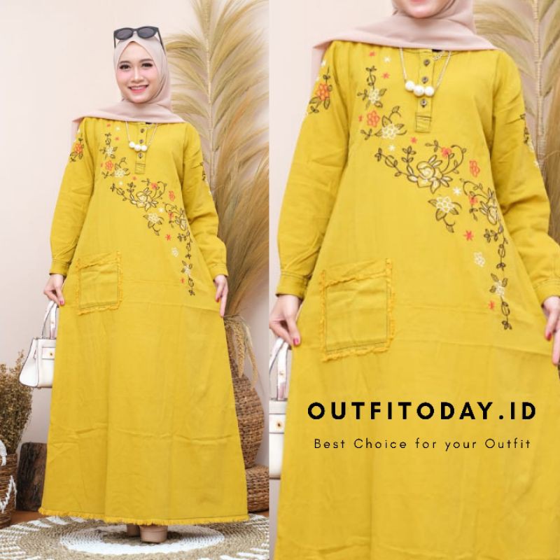 GAMIS JEANS FLORIST MUSTARD SERIES / MAXY / MAXI JEANS / FASHION WANITA / MUSLIM