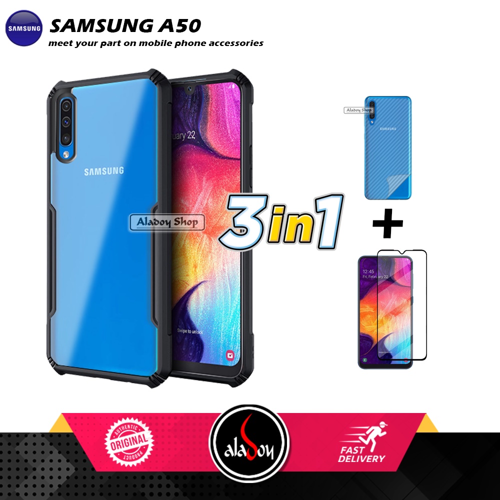 Case SAMSUNG A50 Armor Fushion Transparent Casing + Tempered Glass Full Layar dan Skin Carbon