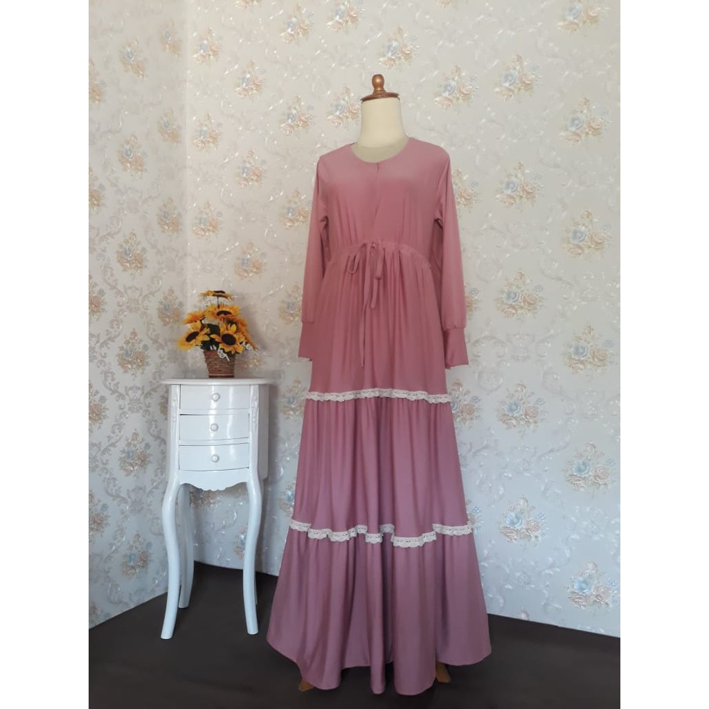 Elka Dress - Gamis Muslim Canda susun Kombinasi Renda Busui