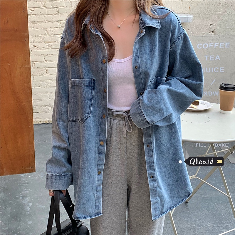 Kemeja Denim Wanita Shirt Lengan Panjang Korean Style Oversize Atasan Jaket