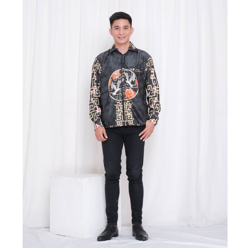 ATASAN PRIA FORMAL/KEMEJA BATIK PREMIUM PRIA/ATASAN COWOK/TSHIRT FORMAL PESTA YBL BLACK SATIN PREMIU