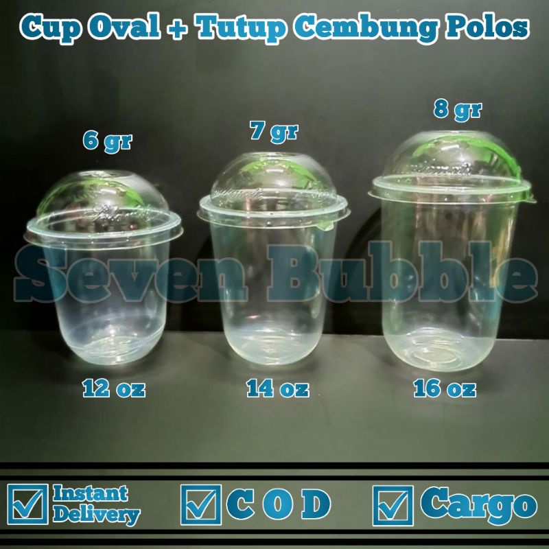 50pcs Gelas Cup Plastik Oval + 50pcs Tutup Cembung Dome Lid Gelas Oval Thai Tea12 oz 14 oz dan 16 Oz