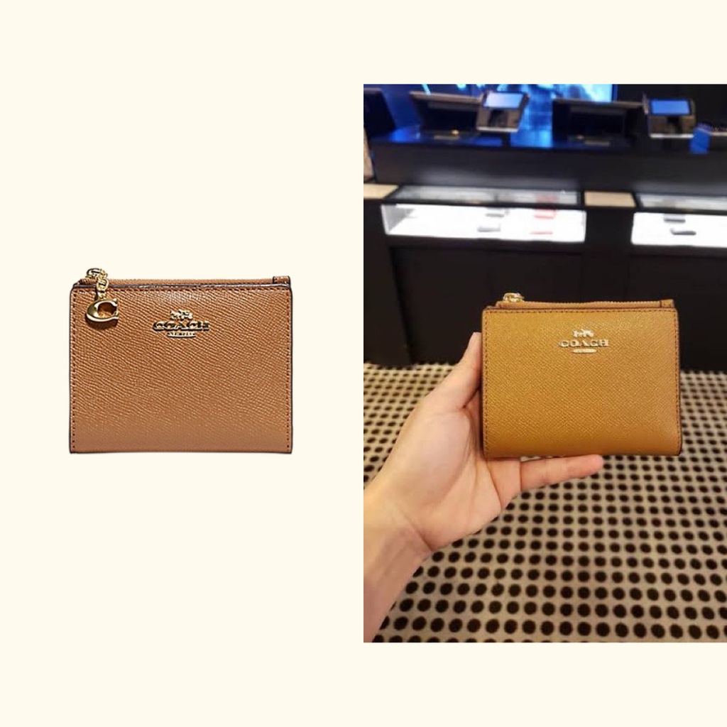 [ORIGINAL 100%] Coach F73867 Snap Card Case - Light Saddle Gold
