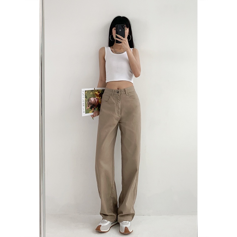 Khaki Celana Jeans High Waist/Straight Loose Celana Jeans Wanita/Celana Kulot Jeans