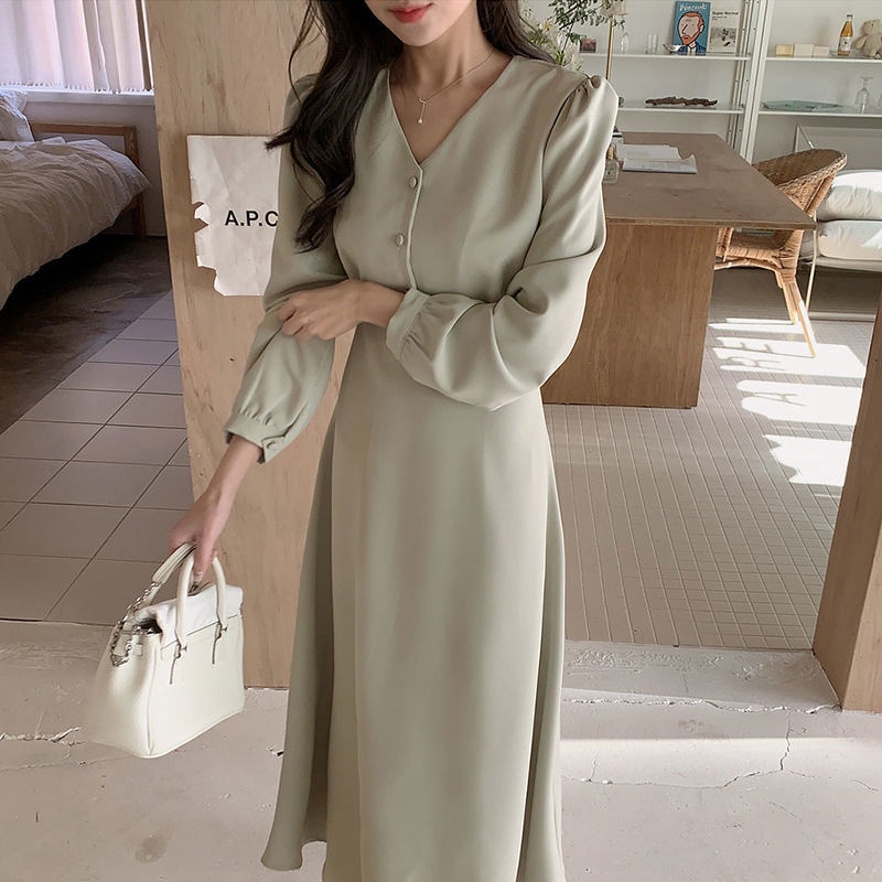 2022 Busui friendly French Sweetness Gentle Wind Slim V-neck Dress untuk wanita