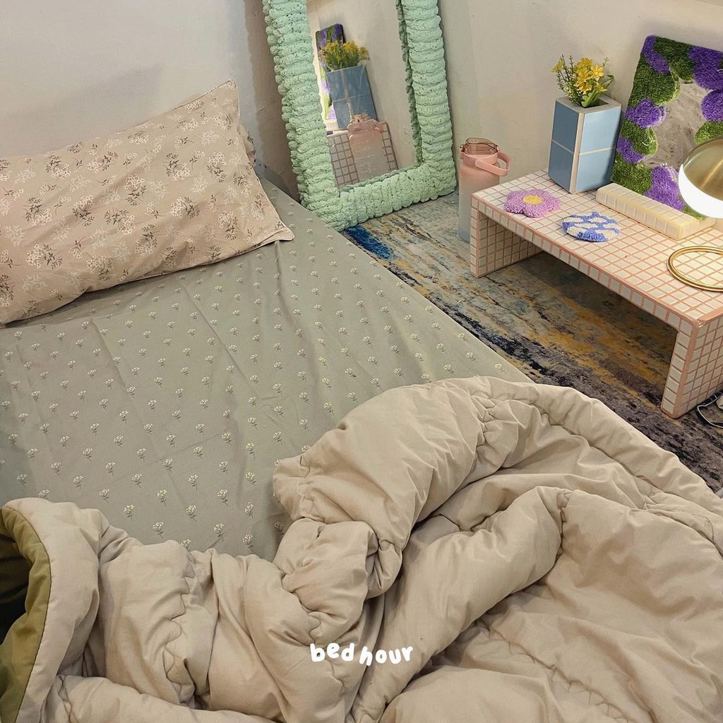 Sprei Sage Green Floral Vintage - Beige Floral Vintage - Bed Set