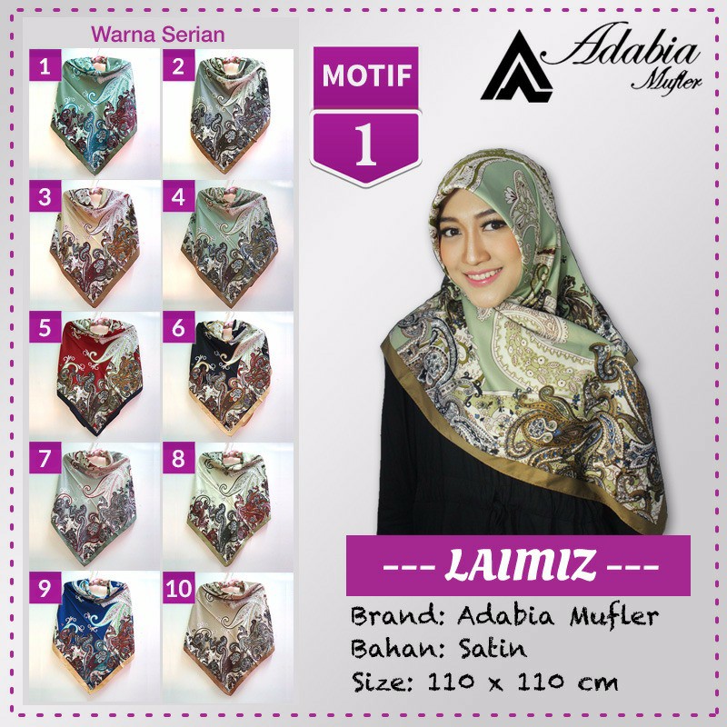 Jilbab Segiempat Satin Lamiz Laimiz motif 1 By Adabia Hijab Scarf