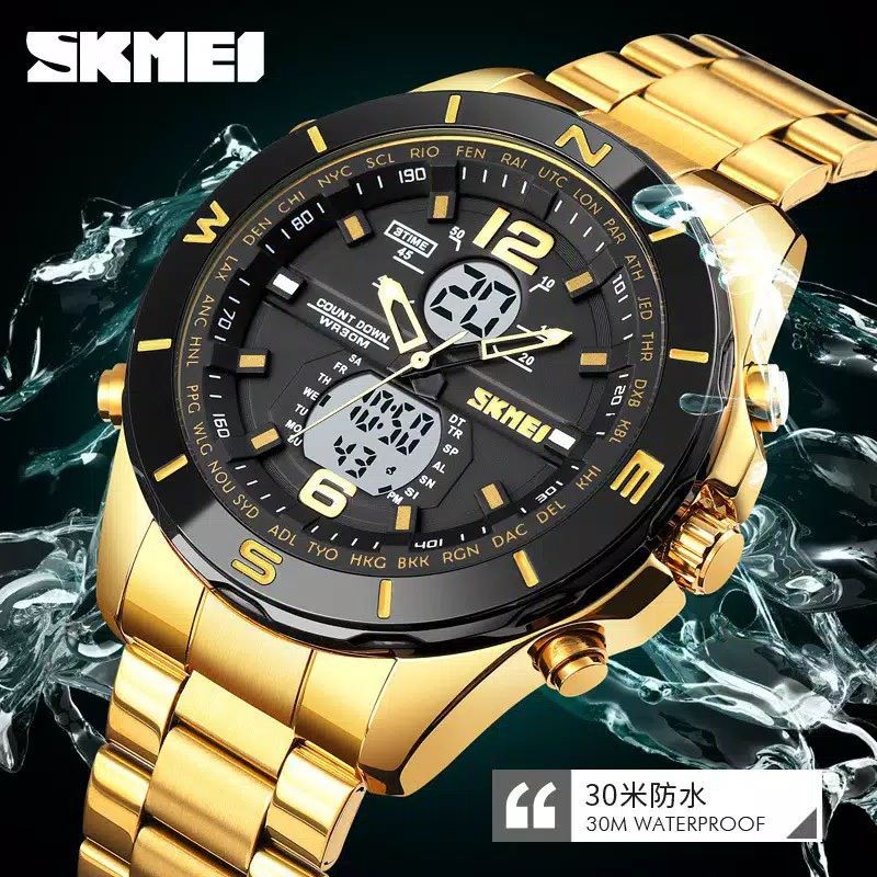 JAM TANGAN PRIA SKMEI ORIGINAL 1670 GOLD STAINLESS WATERRESIST BERENANG