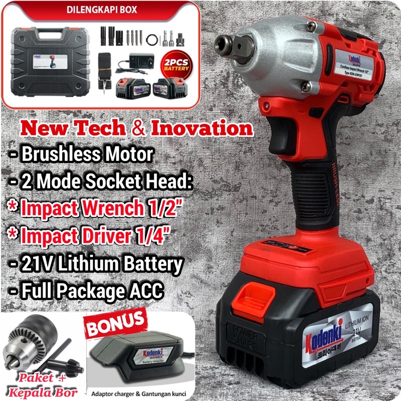 Cordless Impact Wrench Driver Kodenki Mesin Bor Buka Baut Baterai