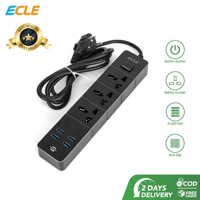 ECLE Power Strip Stop Kontak 3 Power Socket 4 USB Port