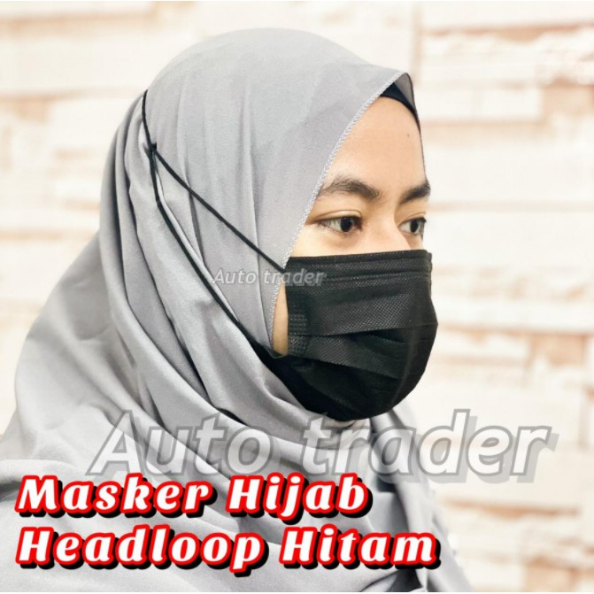 Masker 3Ply Headloop 3 Ply Masker Hijab Disposable Face Mask/ MASKER HEADLOOP/ MASKER HITAM/ HIJAB