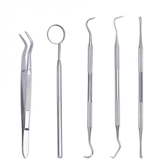 Peralatan Oral Perawatan Dokter Gigi Dental Care 5 in 1 / Alat Perawatan Gigi Dan Mulut 1 Set Penjepit Pengikis Scaller Cermin Gigi Putih Bersih / Alat Perawatan Mulut Gigi Bahan Stainless Steel Anti karat Aman / Alat Kesehatan Gigi Murah Original