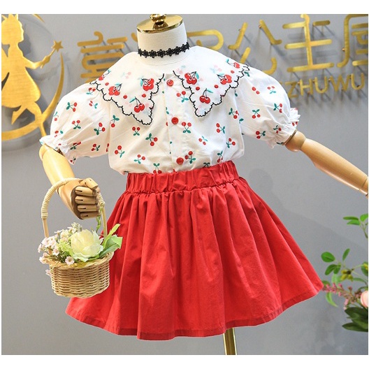 SETELAN ANAK CEWEK IMPORT / BAJU ROK MOTIF CHERRY RED