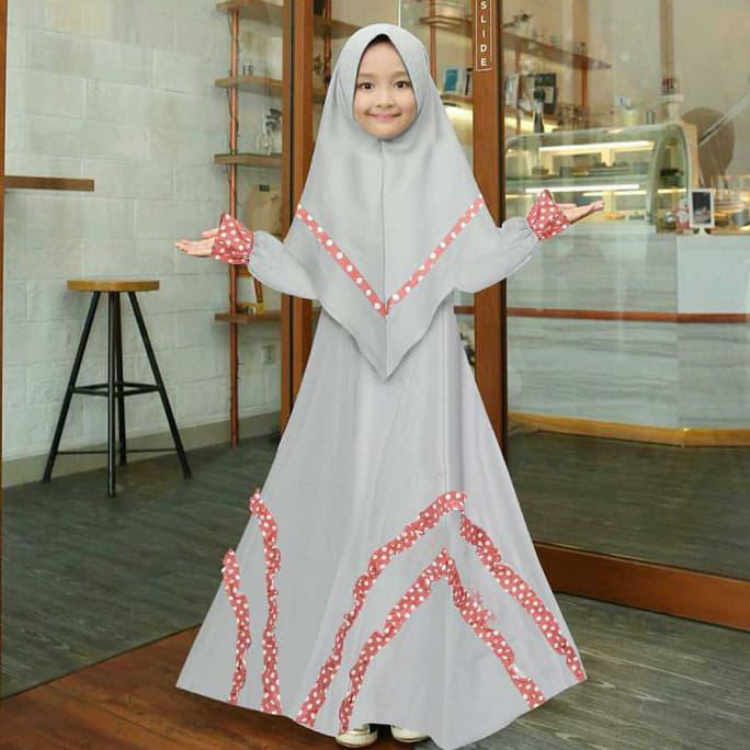 jilbab anak termurah Ginda Polka kids 7-10thn Syari maxi dress anak SD + jilbab Khimar ready stock
