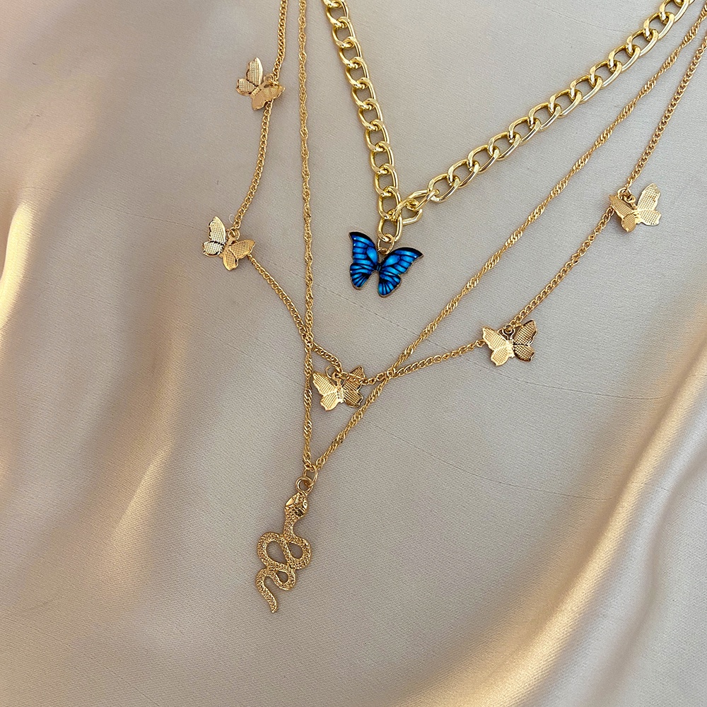 Multilayer Butterfly Gold Necklace Snake Chain Pendent Fashion Jewelry Women Accessories